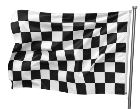 Flowing Black and White Checkered Racing Flag in Motion, Front View, Isolated on Transparent Background