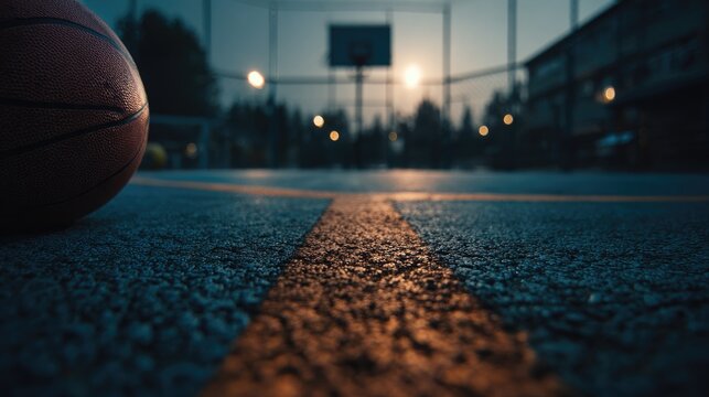 Dusk settles on an outdoor basketball court; a worn ball rests near center court, the hoop and distant lights blurred in the low light