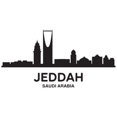 Obraz premium Jeddah skyline horizontal banner. Jeddah, Saudi Arabia. Vector template for your design. Vector black silhouette. with white background