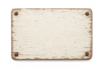Weathered white wooden sign with rusty nails isolated on transparent background, ideal for adding custom text or graphics