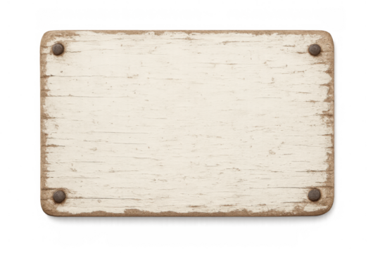 Weathered white wooden sign with rusty nails isolated on transparent background, ideal for adding custom text or graphics