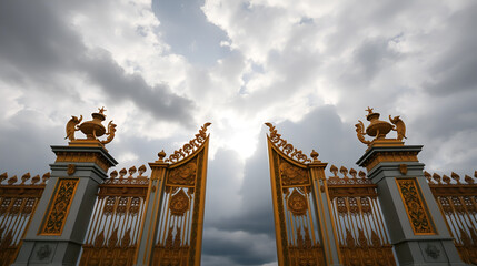 A majestic pair of golden gates opening into a cloudy sky.
