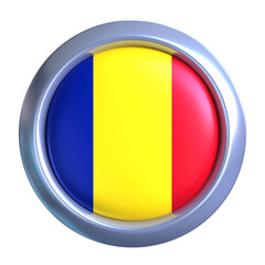 3D Romania Flag Emblem with circle metallic frame, showcasing national emblem detail in a polished, modern design. Perfect for apps, UI, or educational use