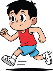 Cartoon boy running with motion lines, red shirt and blue shorts, energetic pose with white sneakers, cad vector illustration