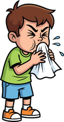 Cartoon boy sneezing into tissue, hygiene action with closed eyes and droplets, health awareness vector, cad drawing flat vector illustration