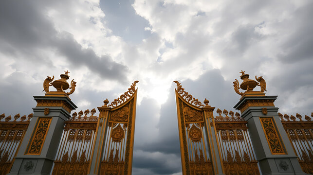 A majestic pair of golden gates opening into a cloudy sky. - Powered by Adobe