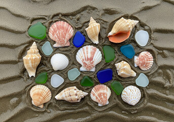 Seashells and Sea Glass on Damp Sand