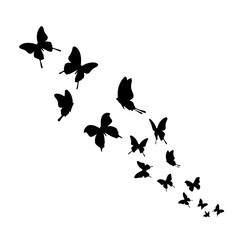 A graceful swarm of black butterflies in flight, descending diagonally across a white background.