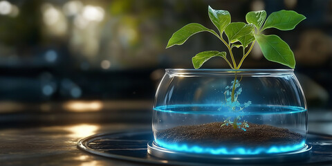 A breathtaking sci-fi inspired image featuring a vibrant green plant glowing with blue light, growing in a glass terrarium with water and soil, set in a futuristic laboratory or abstract environment.