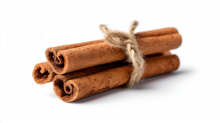 Fresh aromatic cinnamon sticks with rustic rope binding for traditional cooking ingredients