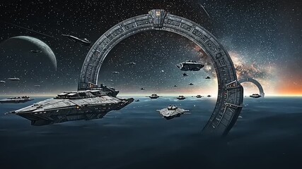 Futuristic space scene with advanced starships navigating through massive ring structures in orbit - Powered by Adobe