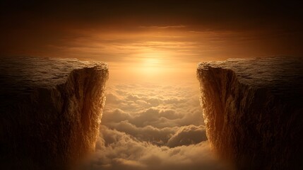 A breathtaking vista of a high cliff overlooking a vast expanse of clouds at sunrise.