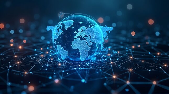 Glowing globe with network connections and blue digital world map overlay