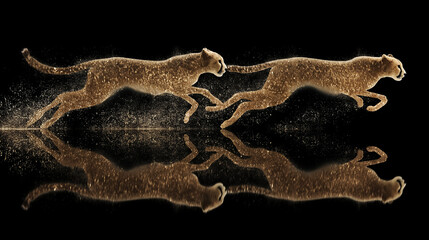 Golden cheetah silhouettes in mirrored running motion, shimmering with glittering particles against a dramatic black background.