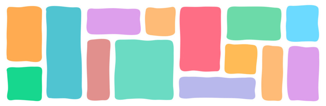 Doodle hand drawn frames with irregular uneven shapes, curved picture and painting frameworks, organic forms, colorful squares with wavy rough edges, wavy irregular rectangles