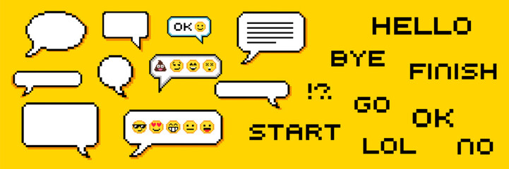 Set of pixel dialogue boxes different shapes. Chat speech bubbles, flash message frames with text or empty dialog communication box in 8 bit retro style.