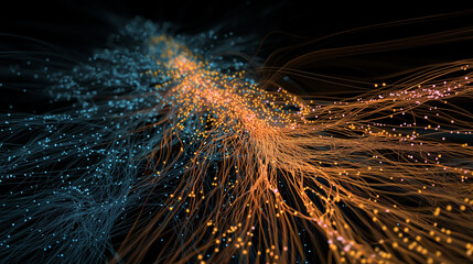 A neural network visualization, depicting a complex web of interconnected glowing nodes and lines in blue and orange, against a dark background. Ideal for themes of artificial intelligence, technology