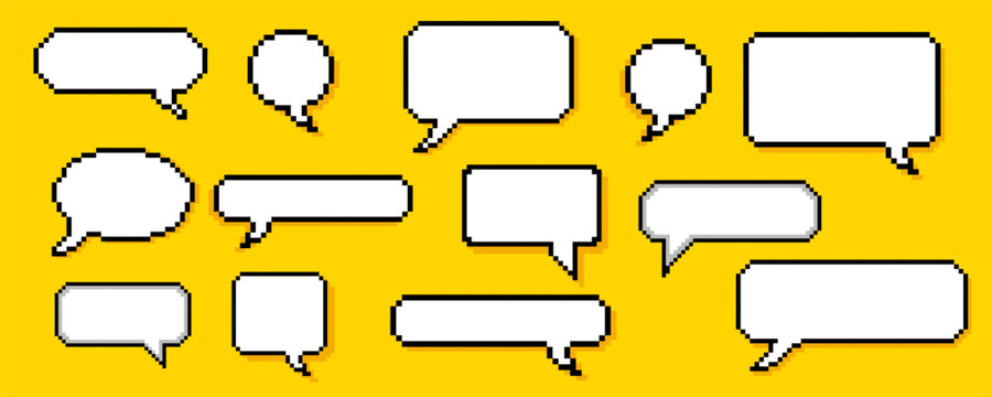 Set of pixel dialogue boxes different shapes. Chat speech bubbles, flash message frames with text or empty dialog communication box in 8 bit retro style.