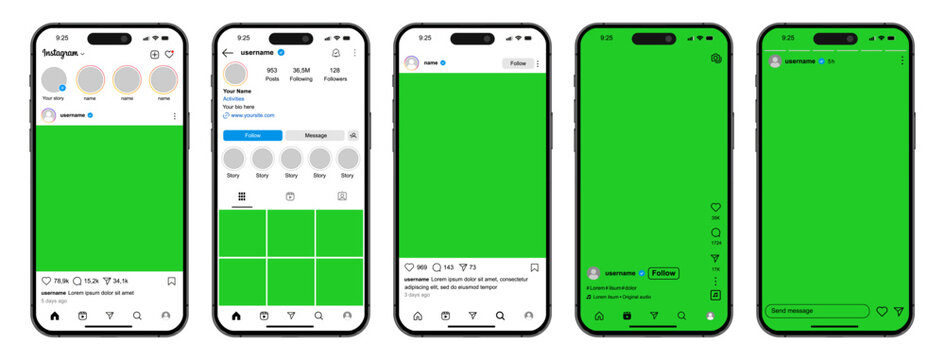 Instagram feed mockup. Social media mock up template. Instagram scroll post frame carousel pages. Screen interface on Iphone smartphone. Post story reels. Latest update social network mobile app