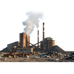 An industrial complex emitting pollution and smoke. The factory shows signs of environmental damage and waste