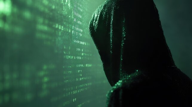 Shadowed Hacker Side View with Data Stream Overlay