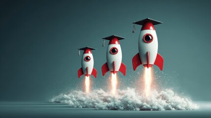 Graduation hat ascending with rocket propulsion, academic achievement symbol for education designs.