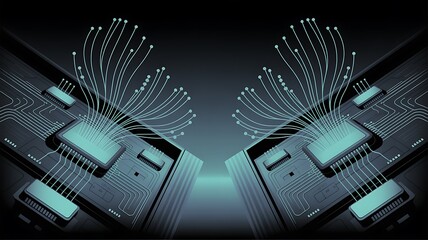 Futuristic digital technology illustration. Abstract design with glowing microprocessors, circuit boards, and high-speed data stream connections.