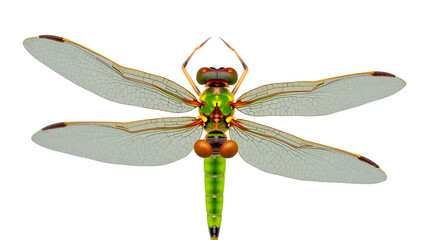 PNG cut out isolated background. A detailed top view of a green darner dragonfly, highlighting its elongated green body, large compound eyes, and intricately veined transparent wings.