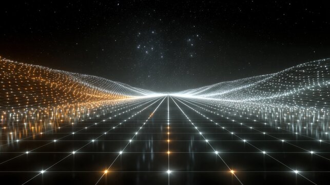 Glowing grid with horizon and stars in a space environment