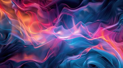 Obraz premium Abstract swirling neon-like forms in vibrant hues of pink, orange, and blue, creating a dynamic, luminous, and ethereal effect on a dark background