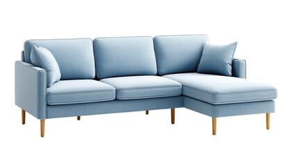 Fototapeta premium Modern light blue sofa with chaise lounge on transparent background