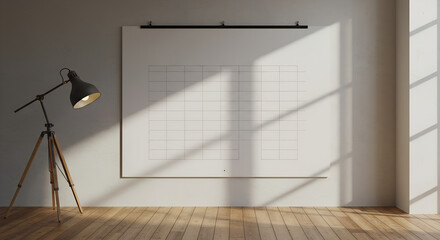 **Modern monthly calendar mockup with blank grid on wooden wall in warm natural lighting**  