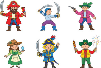 Cartoon character vector set in costume—pirates, adventurers, and fantasy figures for kids’ media, games, digital stickers, or playful branding