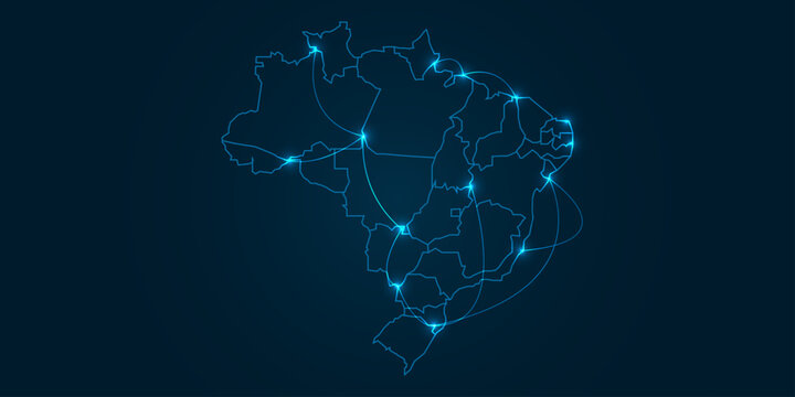  Map of brazil - With glowing point and lines scales on the dark gradient background. brazil map with country travel , thin Blue outline on dark background. 