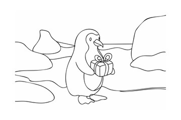 Penguin holding a gift box present ribbon
