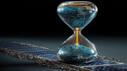 Ecological time metaphor: sand timer with photovoltaic cells representing clean energy transition in corporate sustainability decks