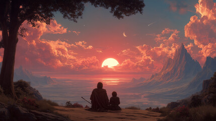 Obraz premium Two Figures Watching Sunset Over Ocean With Stunning Castle View 