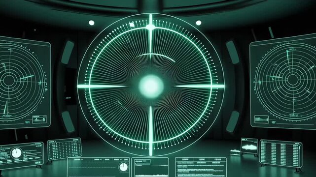 Immerse yourself in an advanced radar system interface with glowing green screens. Watch how technology tracks and identifies objects with precision in this futuristic control room.
