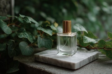 Elegant glass perfume bottle on marble with lush greenery