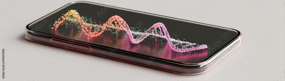 Poster a smartphone lies flat on a surface displaying a colorful, three-dimensional digital graph with wave