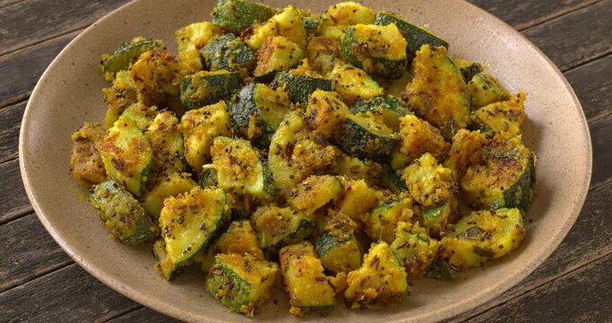 Zucchini Besan Sabzi, or Zucchini Besan Stir Fry. A vegetarian Indian side dish made of zucchini coated with seasoned gram flour and stir-fried.