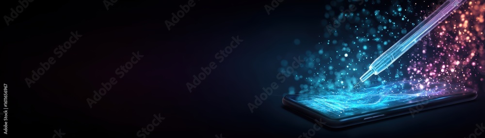 Poster a digital pen interacts with a smartphone screen, creating a vibrant futuristic light effect symboli