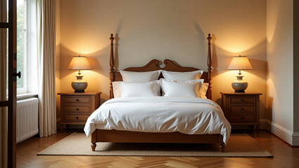 A Serene Wooden Bedroom Featuring a Plush Bed Adorned in Cozy Textiles for Ultimate Comfort