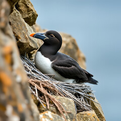 Close up of a Razorbill nesting on a cliff