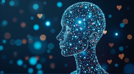 Glowing human figure profile with bokeh hearts and circles in the background