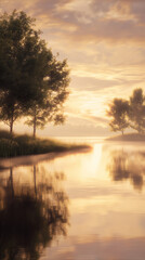 Fototapeta premium Tranquil Sunrise Over Serene Lake Surrounded by Lush Greenery and Trees 