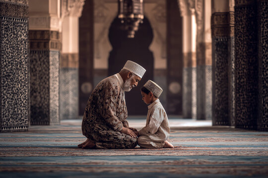 Father and son praying together in a mosque, traditional clothing, intricate Islamic architecture in the background.