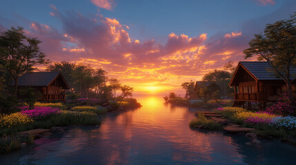 Fototapeta premium Tranquil Lakeside Cottages Surrounded by Lush Greenery at Sunset 