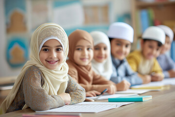 Group of Muslim children learning Arabic in classroom, cultural education, Islamic posters in background.