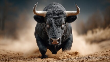 Black bull charging in arena